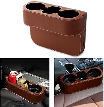 Car Cup Holder, Auto Front Seat Gap Interior Drink Organizer, Multifunctional Cup Drink Holders with PU Leather Cover, Gap Filler Storage Box Coin Bucket Console Side Pocket Key Wallet Holder Brown