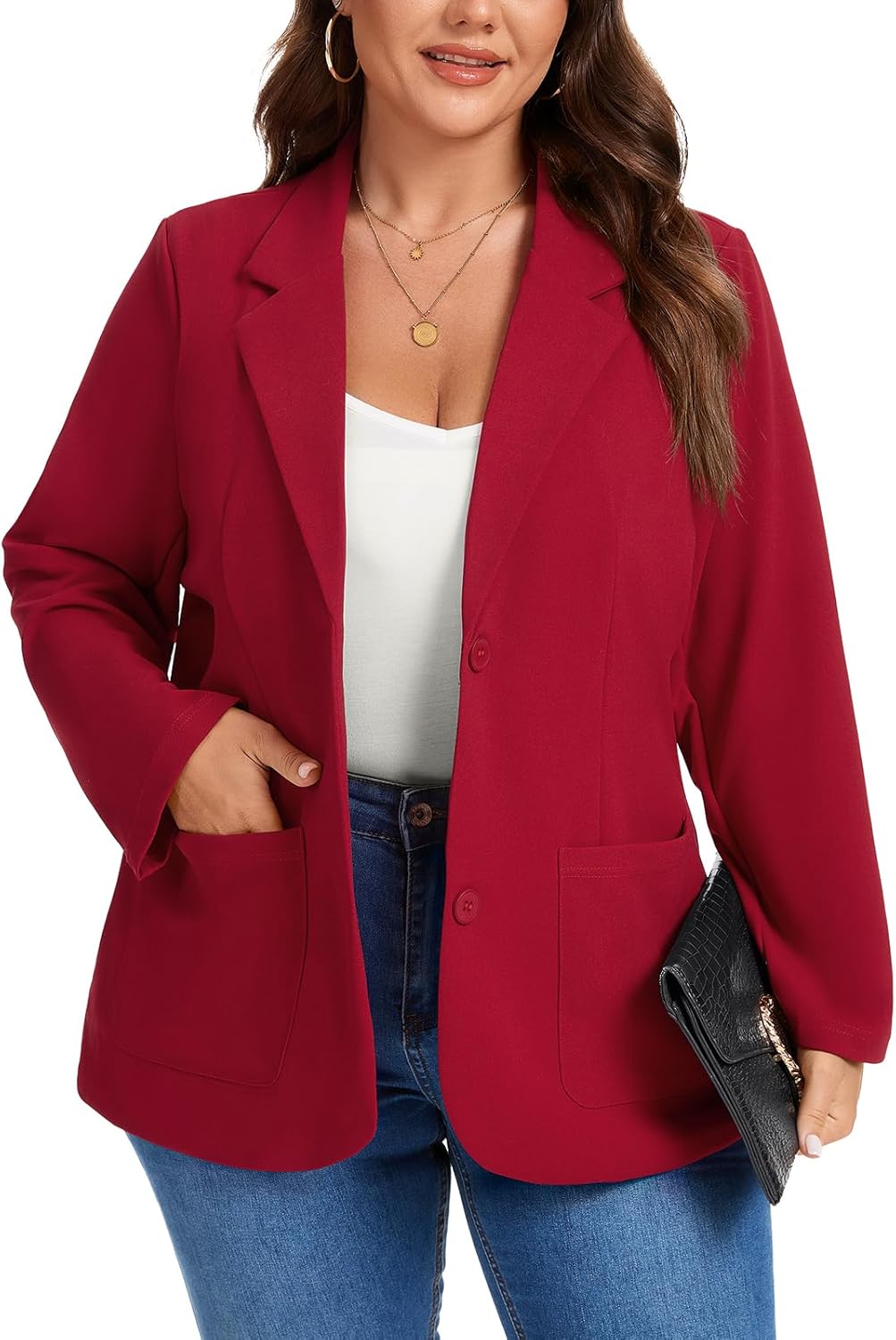 MINTLIMIT Women's Suits & Blazers Plus Size Long Sleeve Two Button Suit Jacket Solid Stretchy Blazer with Pockets,Red,2XL - Image 3