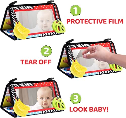 Miniatura 5 de Joyfia Espejo de suelo para el tiempo de barriga, libro de bebé de alto contraste, libro de tela arrugada suave con mordedores, juguetes de regalo