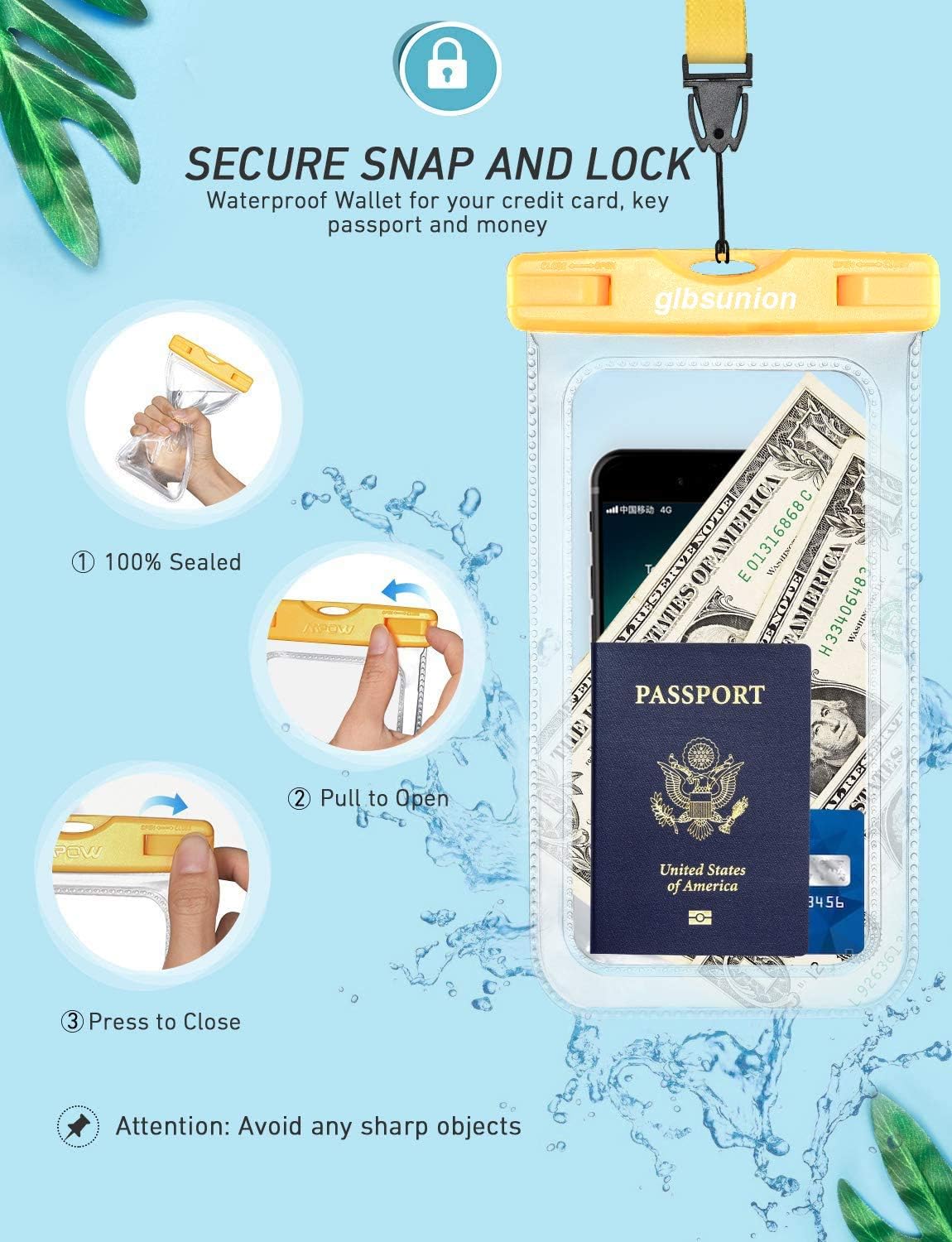 GLBSUNION Universal Waterproof Case, 2 Pack IPX8 Waterproof Phone Pouch Dry Bag with Neck Strap for iPhone 14 13 12 11 Pro Max X SE Plus Galaxy up to 8", Phone Pouch for Beach Kayaking Travel Bath …