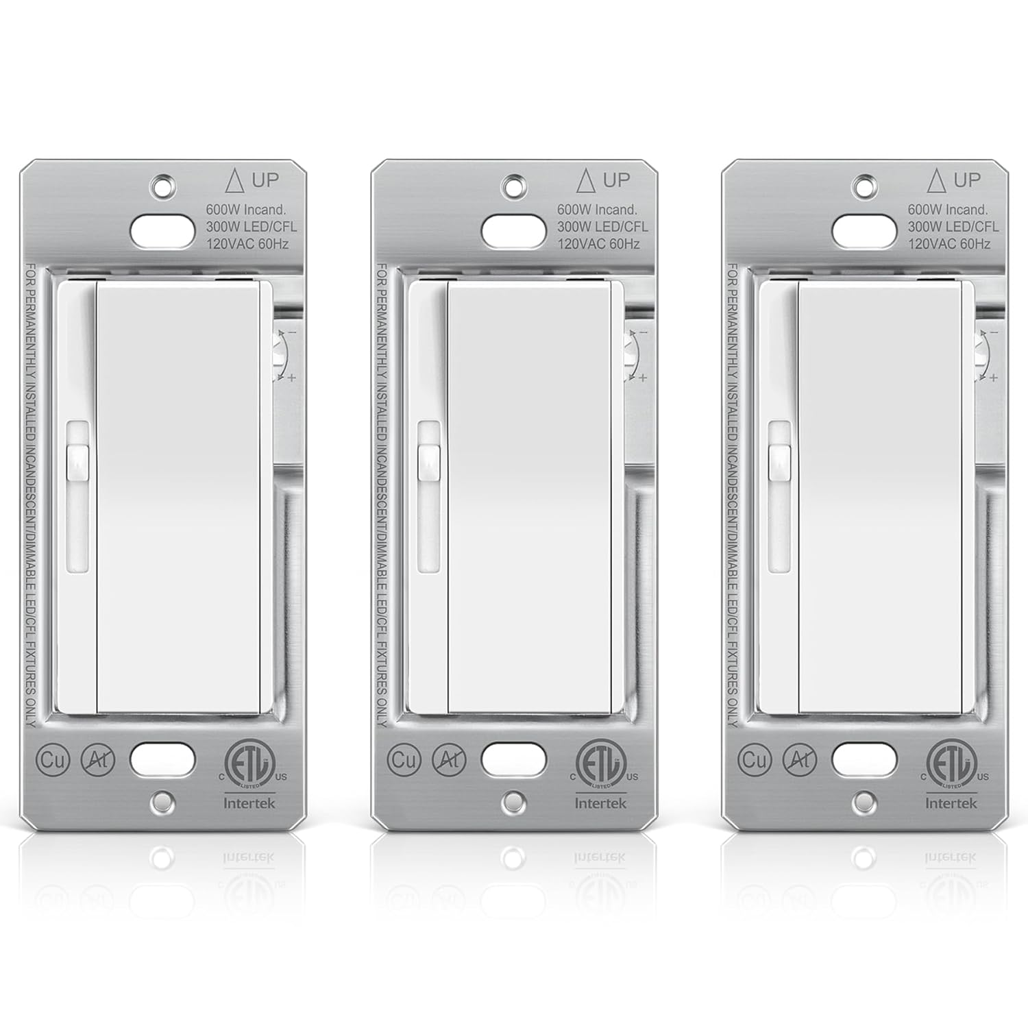 BESTTEN 3 Pack Slide Dimmer Light Switch, Quiet Rocker, Super Slim Single Pole or 3 Way Dimmable Switch, Max 300W LED, CFL, 600W Incandescent, ETL Listed, White