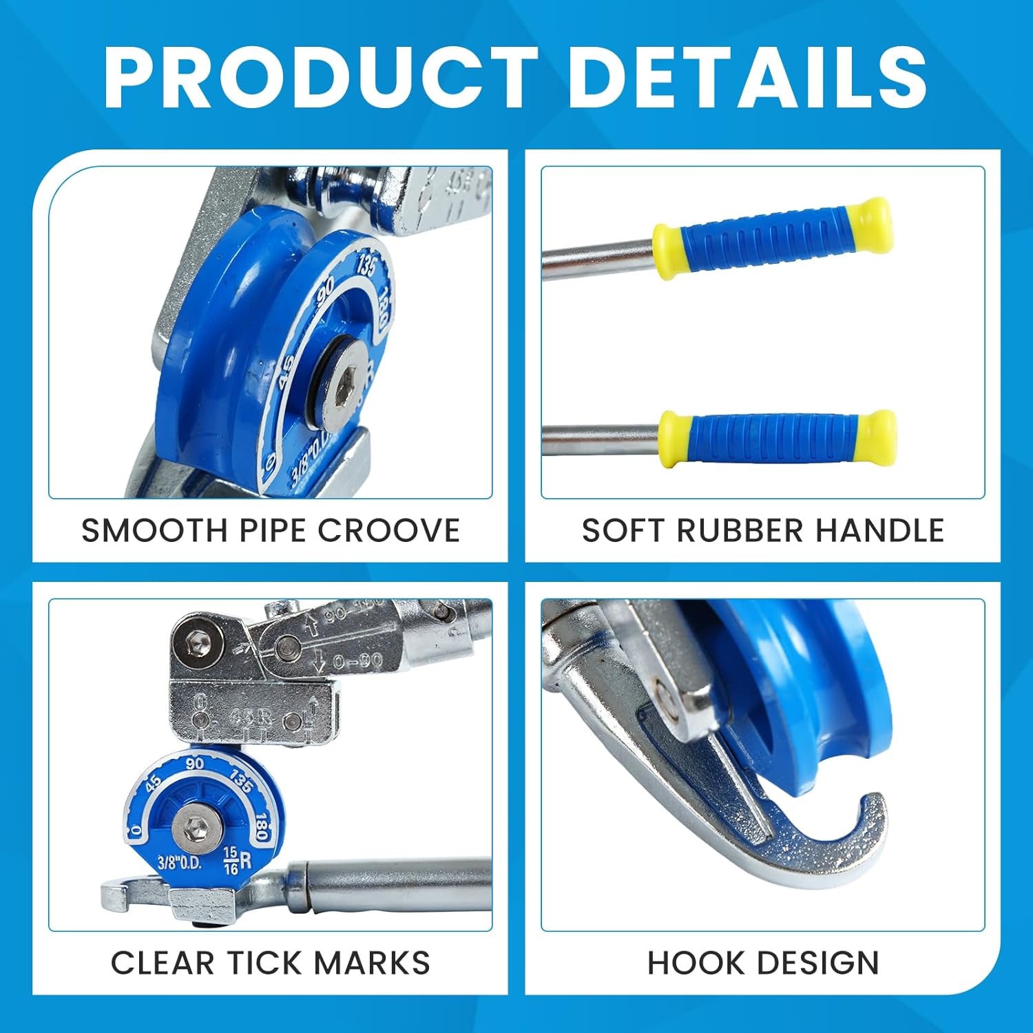 3/8" Pipe Bender, Tube Bender Roller, Heavy Duty Tubing Bender 180° HVAC Copper Tool For Copper Pipe, Aluminum Pipe, Iron Pipe, Stainless Steel Pipe