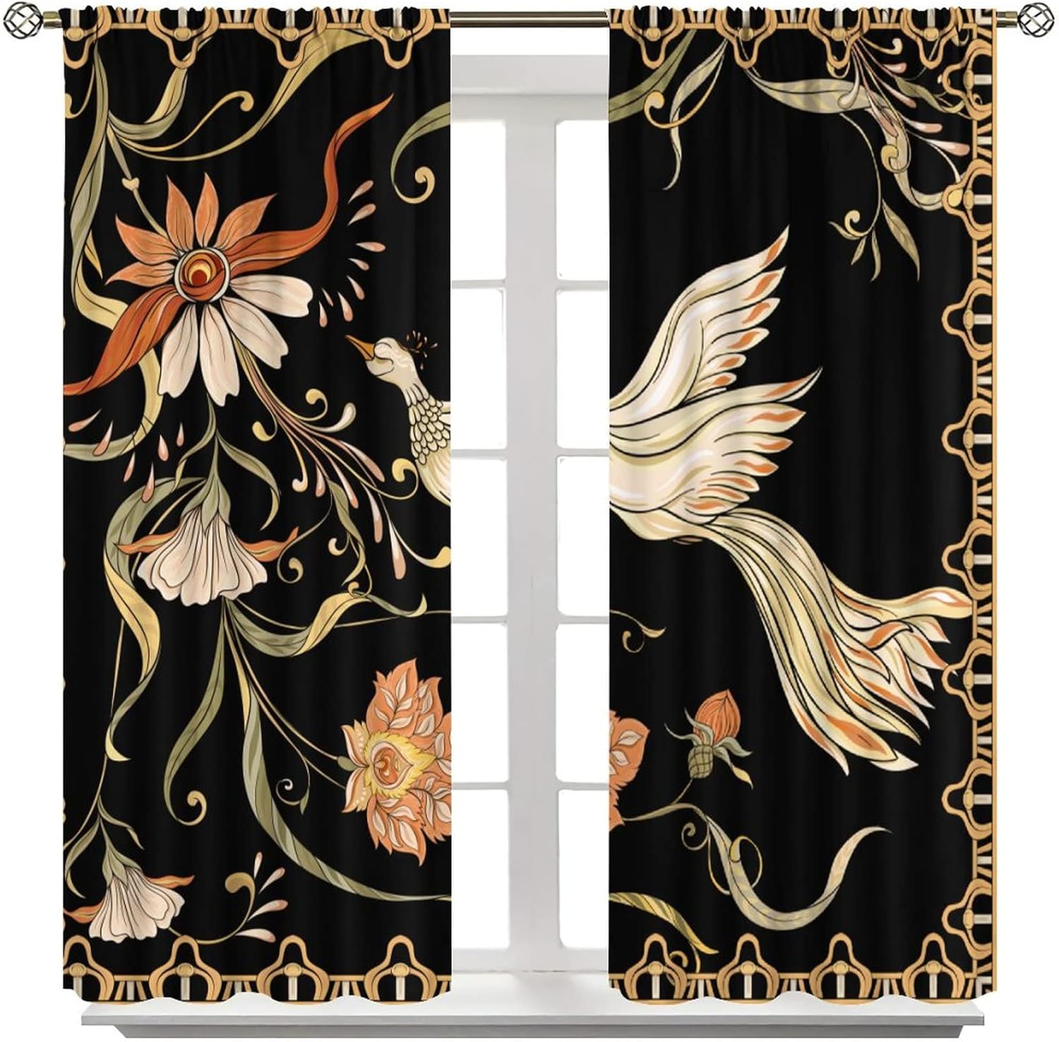 Vintage Bird Curtains,Japanese Style Asian Traditional Art Flower Phoenix Floral Polyester Fabric Curtains for Bedroom Living Room Kitchen Window Drapes 2 Panel Set,Total Size 42" x 45"