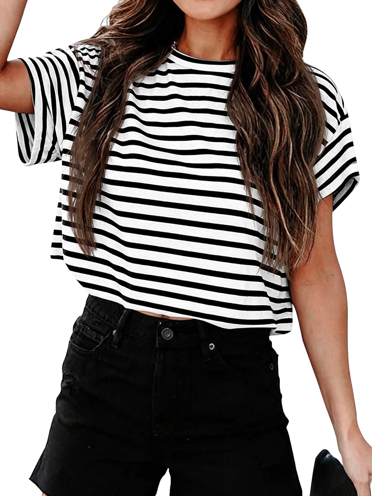 Tankaneo Women Short Sleeve Cropped T-Shirts Crew Neck Top Summer Basic Tee | Casual Drop Shoulder Loose Crop