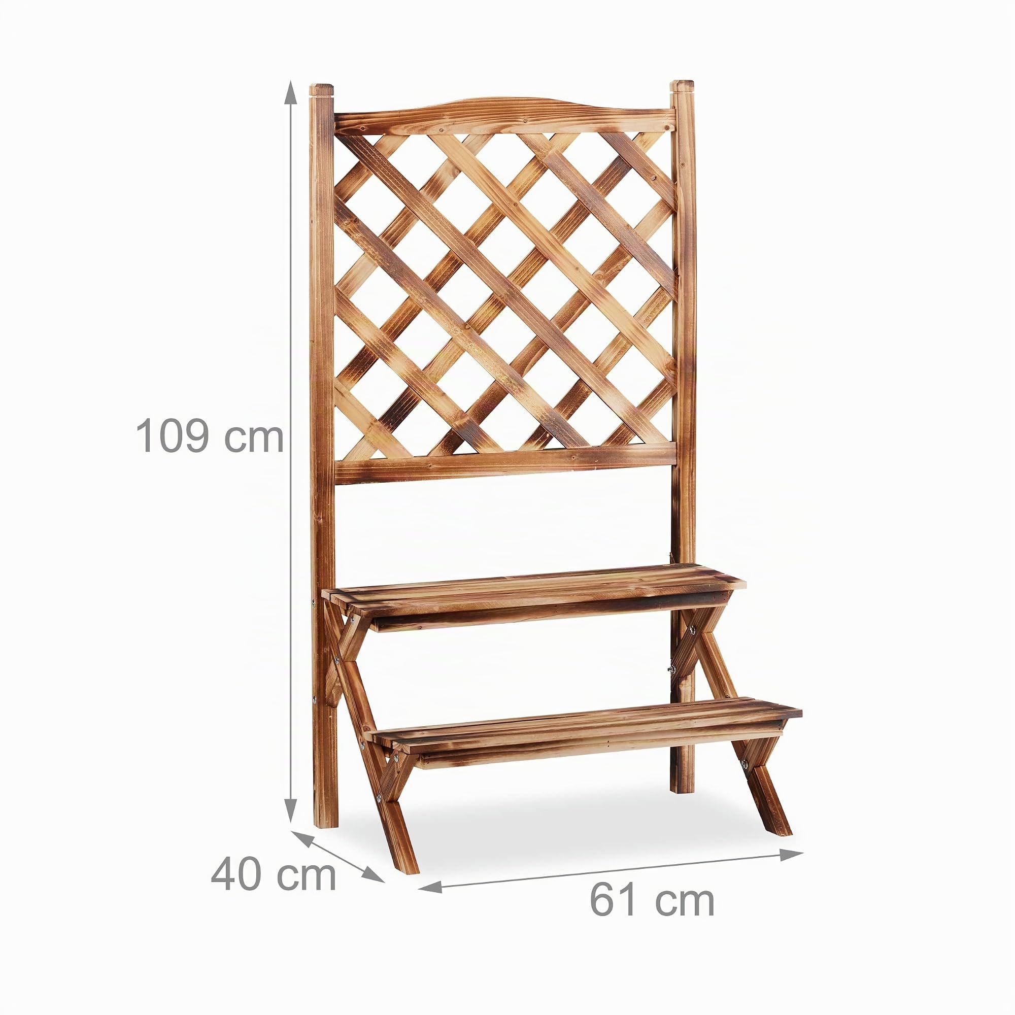 Relaxdays Blumentreppe mit Rankgitter, Blumenregal 2 Ebenen, stehende Pflanzentreppe Holz, HBT: 109x61x40 cm, gebrannt