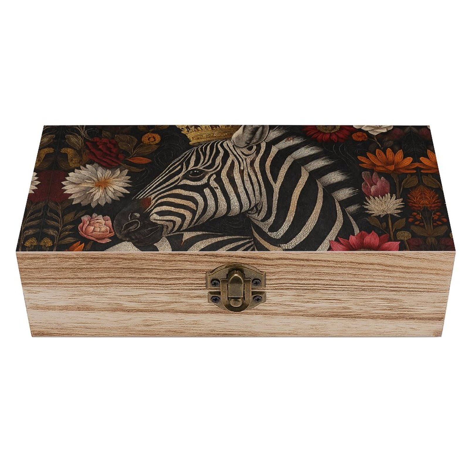 SMAZDFXX Graceful Zebra with Crown in Flowers Wooden Storage Box Multipurpose Decorative Box for Jewelry Photo Home Decor