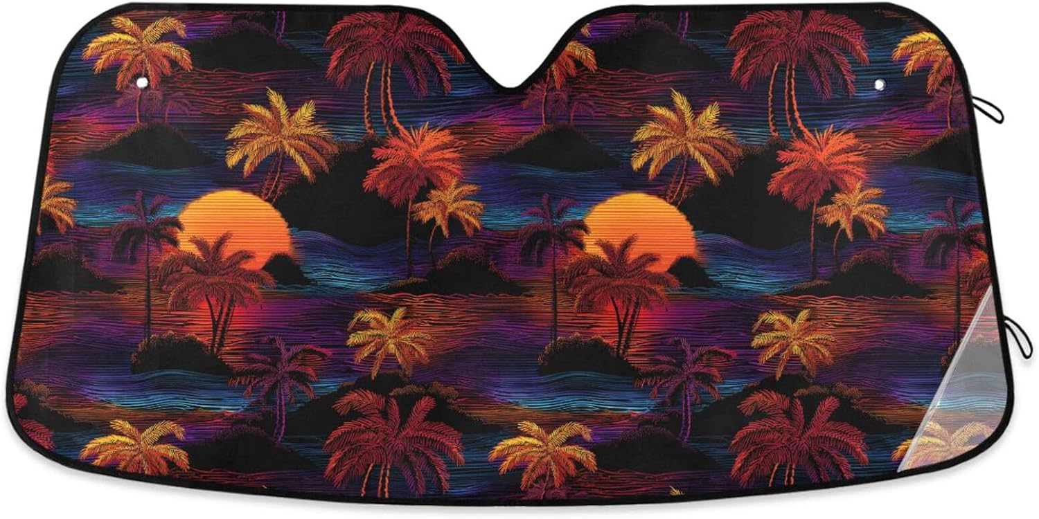 Car Windshield Sun Shade Tropical Palm Trees Sunset Reflective Sunshade for Ultimate Protection Fits Small Sedans, Mini SUVs, Hatchbacks