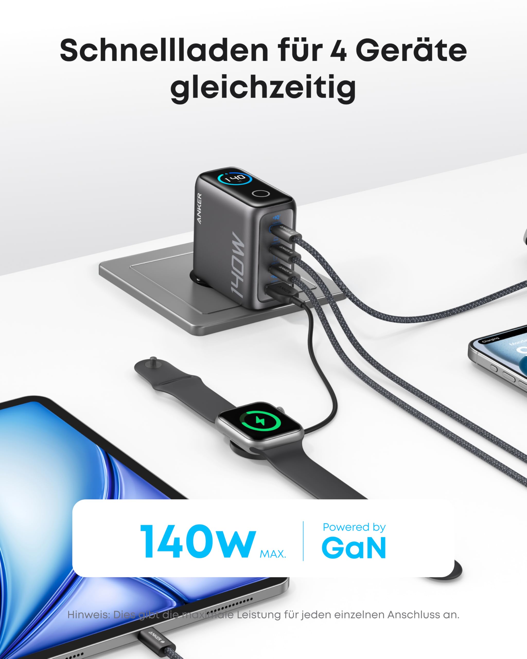 Anker 140W USB C Ladegerät GaN Netzteil 4-Port Multi-Geräte Schnellladeleistung Kompatibel MacBook iPhone 17/16/15 Samsung Pixel