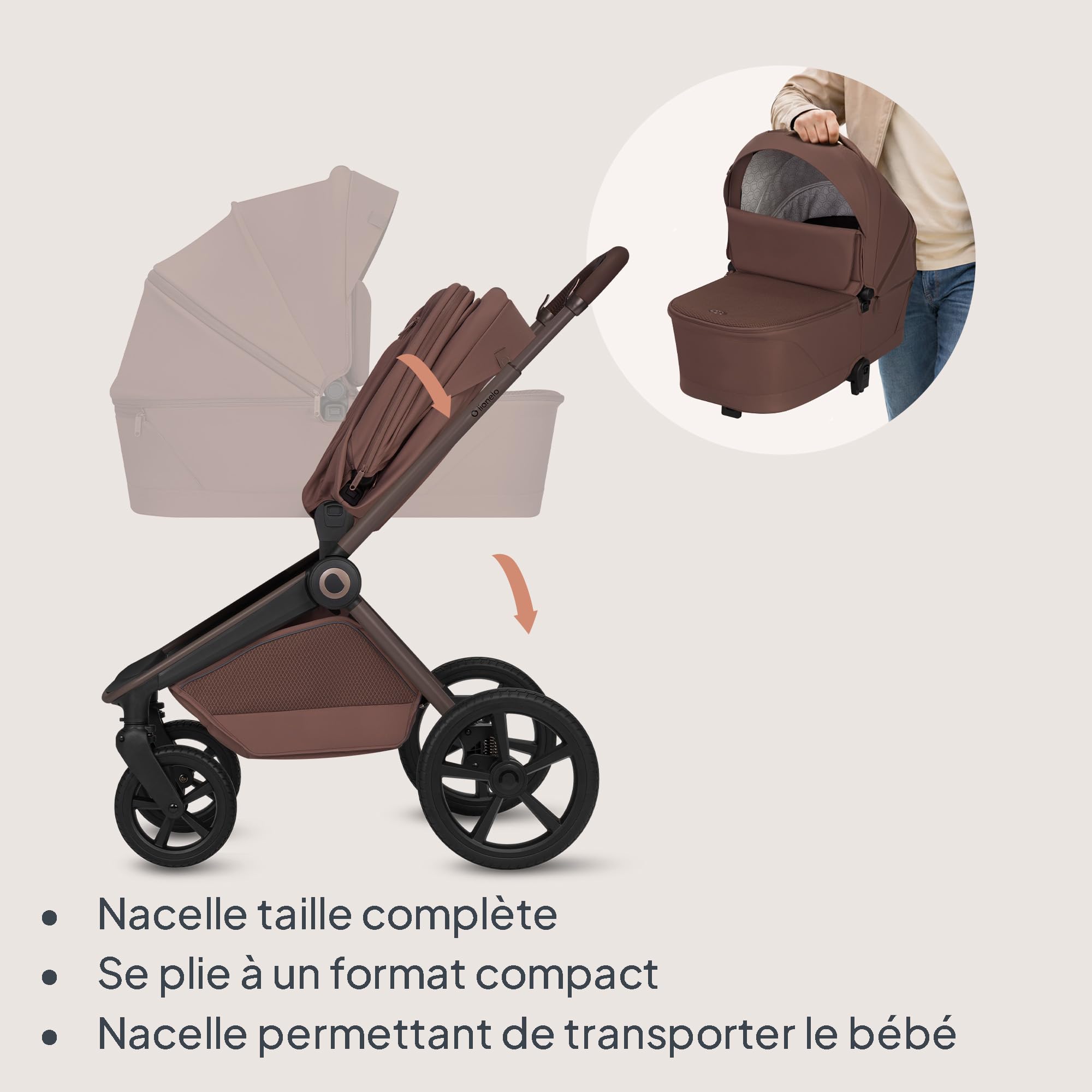 Lionelo Freya Poussette Trio 3 en 1 (0-4 Ans, Jusqu’à 22 Kg), Nacelle Pliable, Poussette et Siège Auto I-Size 40-87 Cm, Suspension, Roues PU, Capote UPF50+, Accessoires, Système de Voyage (Brown)