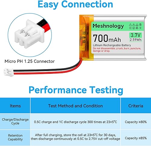 Miniatura 3 de Batería Lipo de 3.7 V 700 mAh 603040 Batería recargable de polímero de litio con cable de carga USB, conector micro Ph1.25, circuito de protección