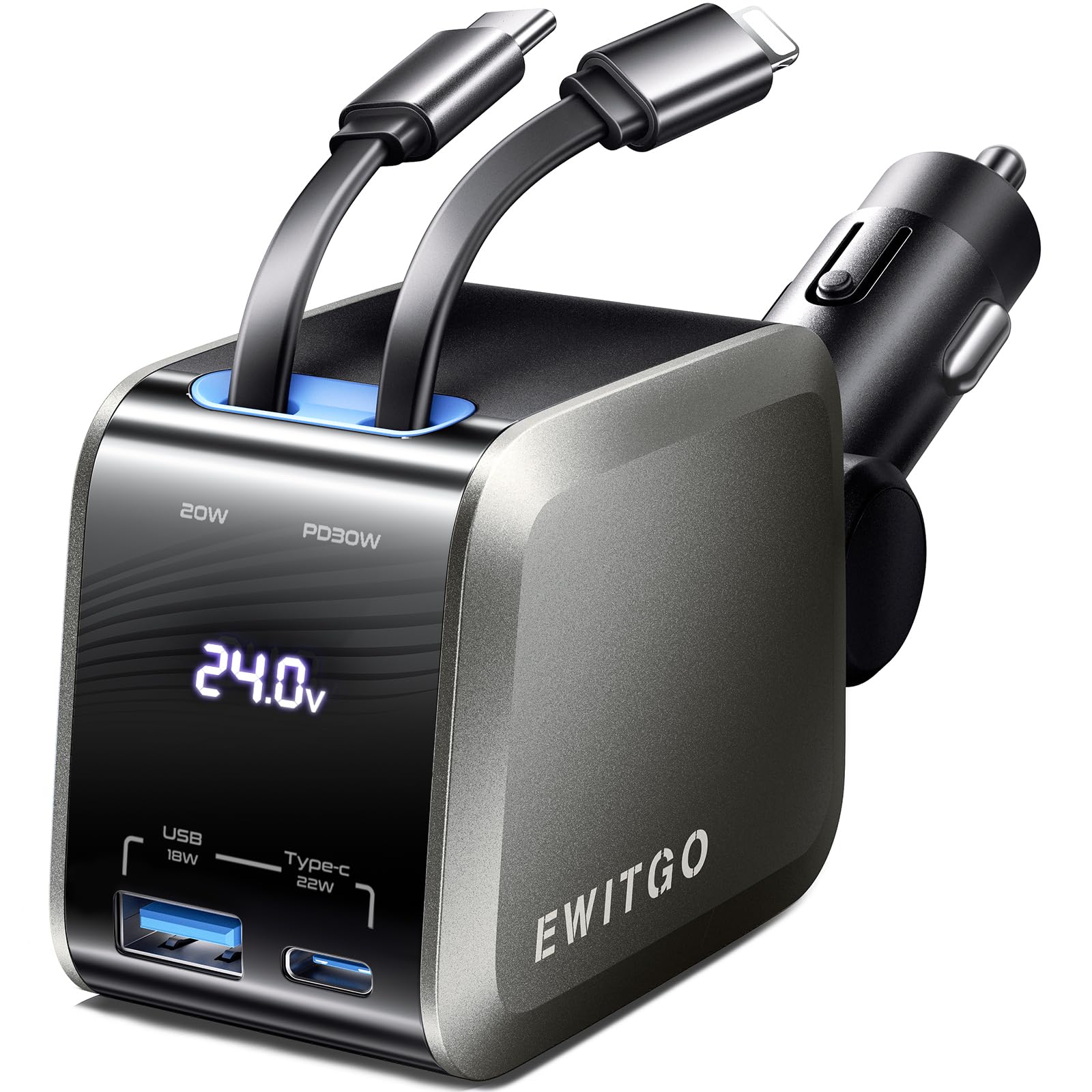 EWITGO Retractable Car Charger, 4 in 1 USB C Car Charger 72W, Fast Charging, 2 Retractable Cables and 2 USB Ports, Car Accessories for iPhone 16 15 14 13 12, Samsung etc, Dark Grey