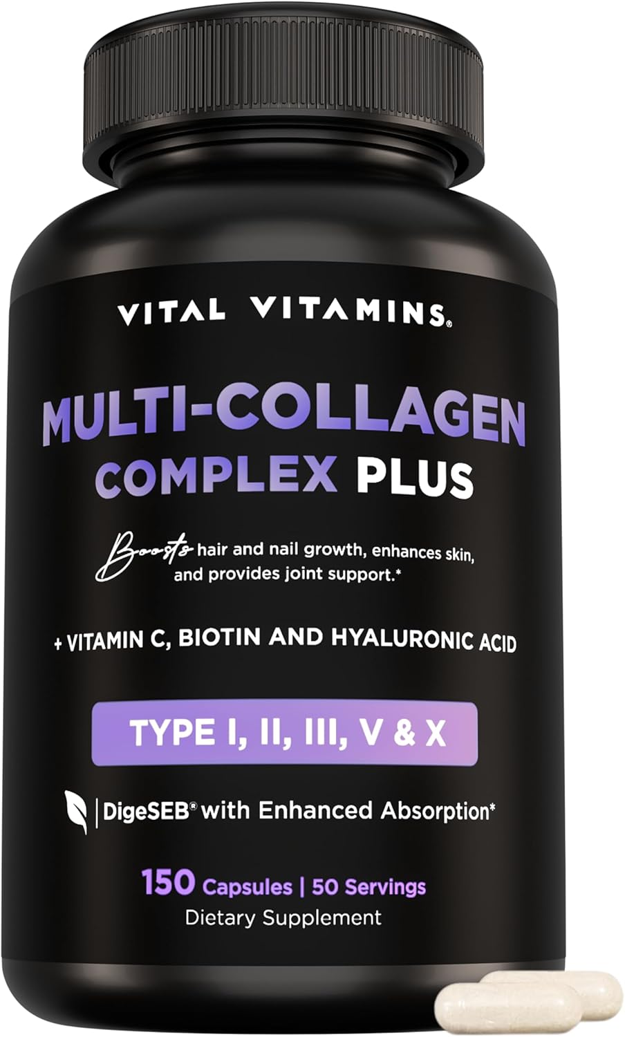 Vital Vitamins Multi Collagen Complex Plus – with Biotin, Hyaluronic Acid, Vitamin C – Type I, II, III, V, X – for Women & Men – Hair, Skin, Nails Beauty Complex – 150 Capsules