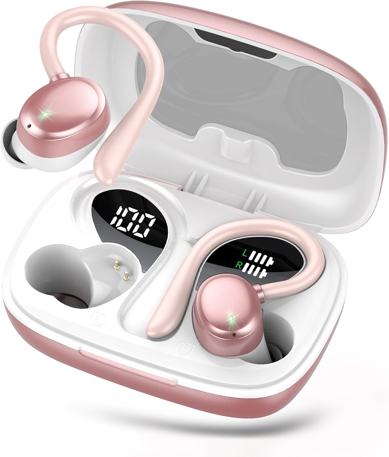 Bluetooth Headphones Wireless Earbuds 72hrs Playtime Wireless Charging Case Digital Display, Ear Buds with Earhook, Deep Bass 2.0, IPX7 Waterproof Over-Ear Earbuds for Android iOS Workout