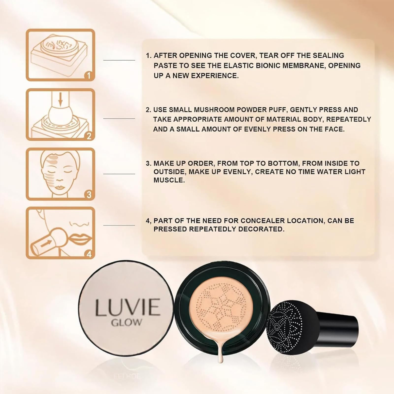 Luvie Glow Foundation Cushion, Mushroom Head Air Cushion CC Cream, BB Cream Base de maquillaje facial, corrector hidratante que ilumina el tono de piel uniforme y duradero para (Warm)