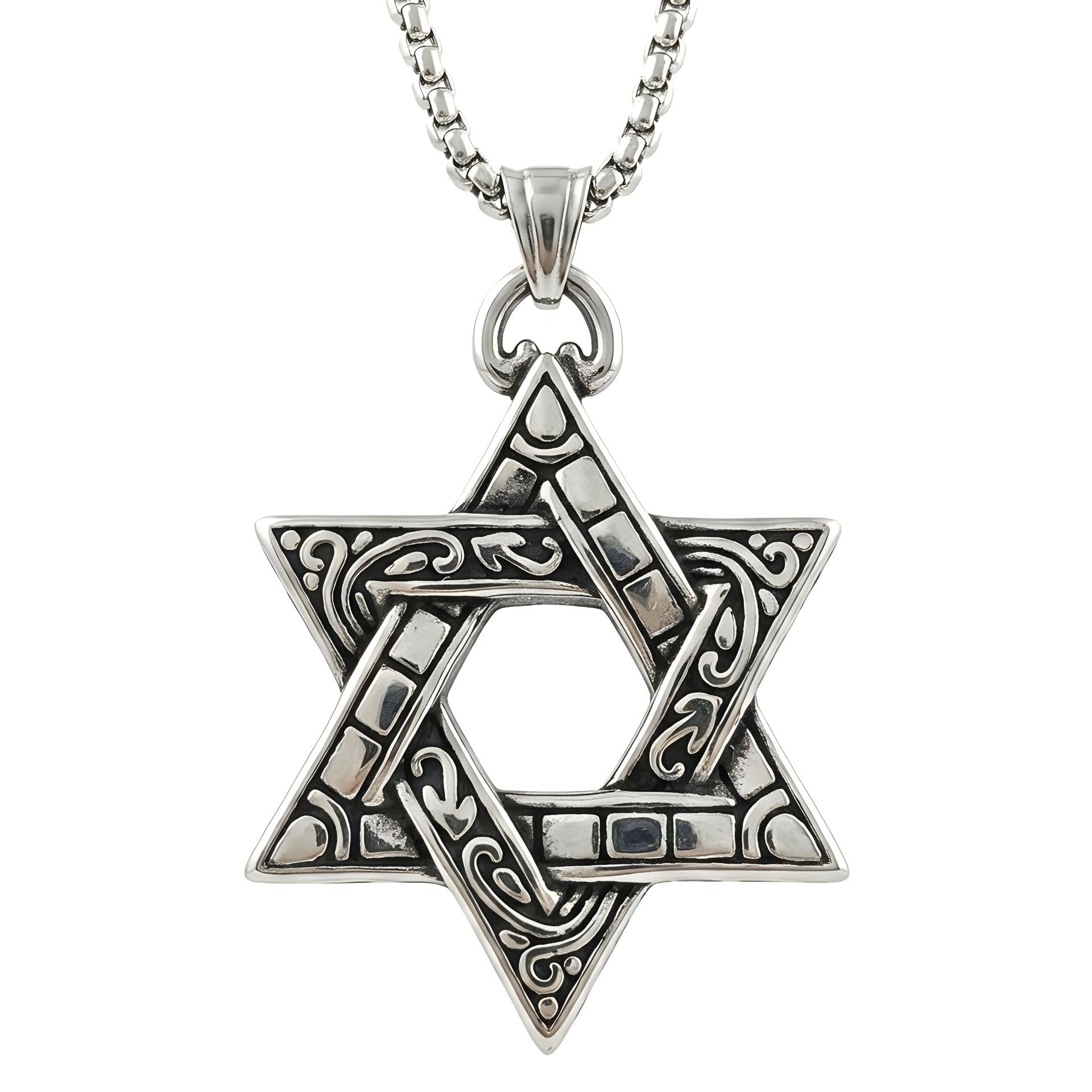 Star of David' Sacred Guardian Star Geometic Pendant Chain Necklace for Men | Anti-Tarnish Hip-Hop Necklace | Stainless Steel Silver Finish | Trendy Streetwear Jewelry for Boys & Men | Durable, Rust Resistant (NK1574) 1 Pc-image-27