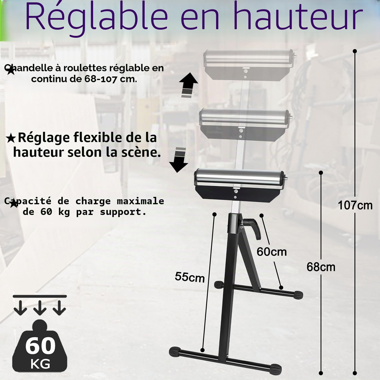 UISEBRT 2x Servante à Rouleau Pliable - Support avec rouleau Hauteur réglable 68 à 107cm - Tréteaux à roulettes Charge maximale 60kg - Support de rouleau avec pieds antidérapants