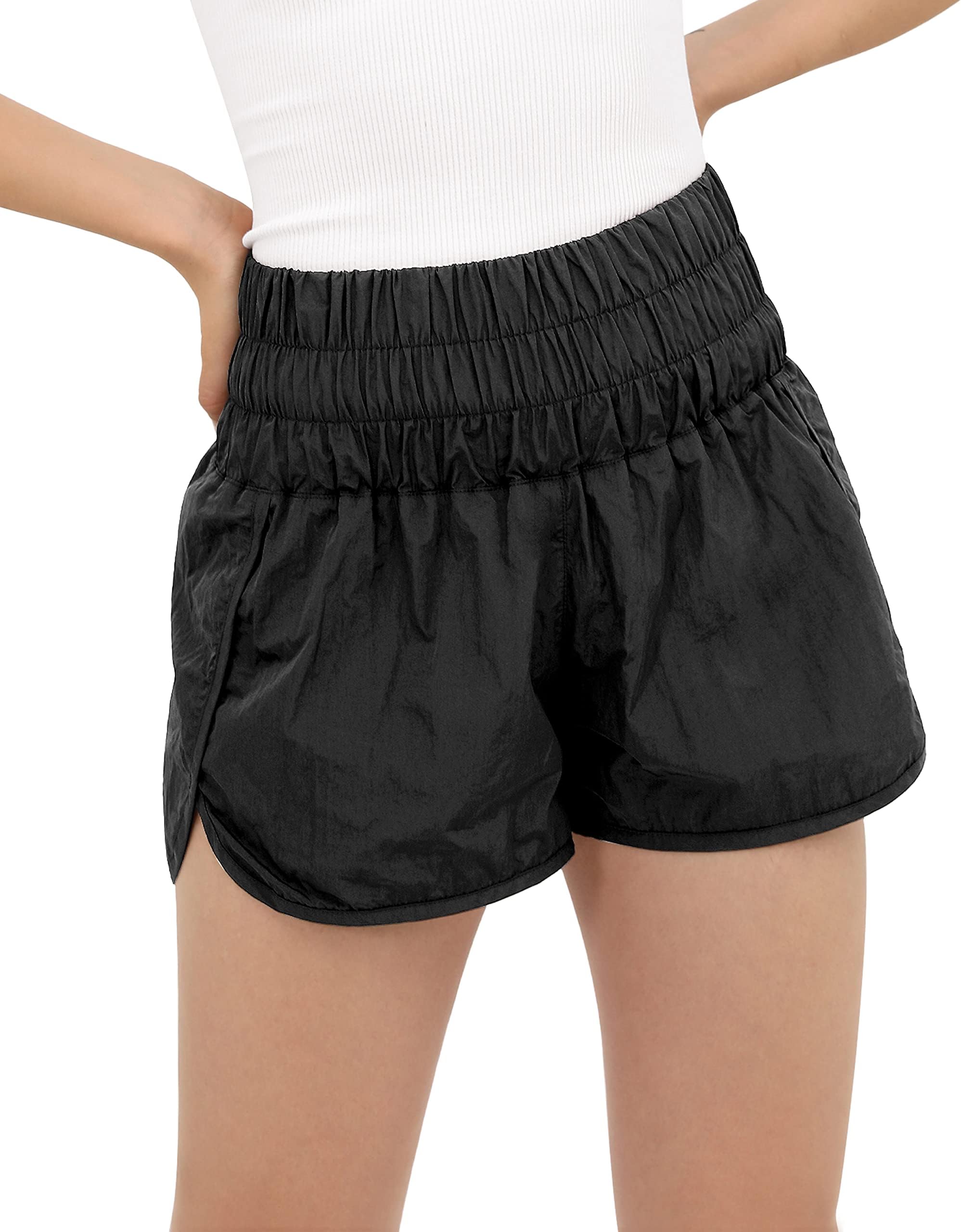 ODODOSGoto Athletic Shorts for Women Elastic High Waisted Quick Dry Sports Casual Workout Running Shorts Mesh Back Pocket
