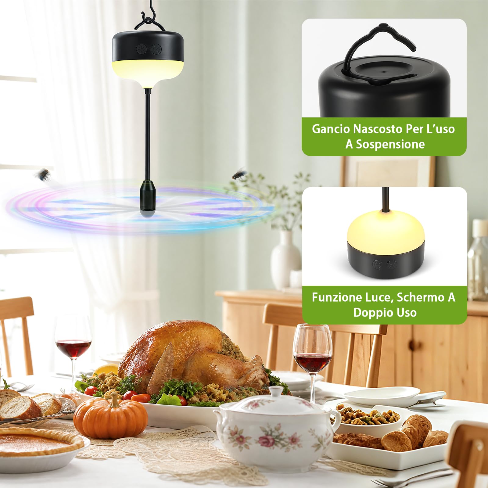 Ulikey Scaccia Mosche da Tavolo, Anti Mosche Pieghevole Portatile 2 Pezzi, Antimosche per Interno Esterno con Gancio, Illuminazione a LED per Cucina, Grigliate All'aperto, Ristoranti