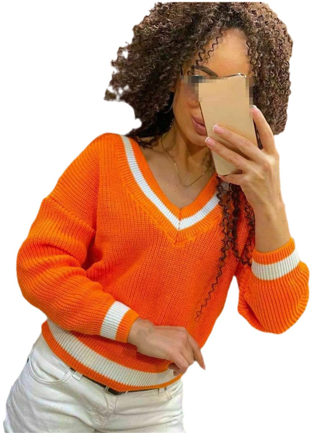 Alloaone V Neck Casual Swetry Damskie Swetry z długim rękawem Damskie Jesień Zima Sweter Dzianina, pomarańczowy, L
