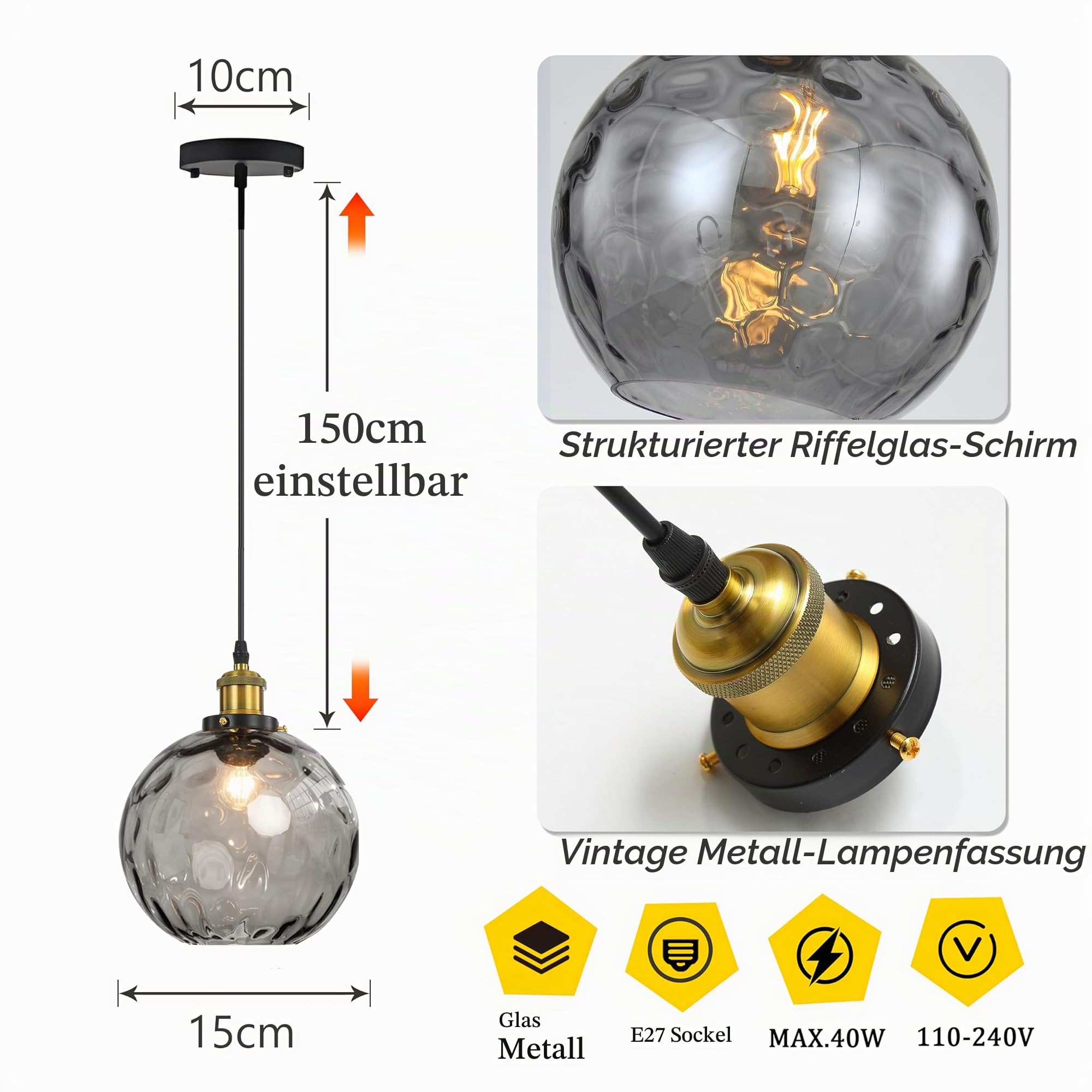 EKSED Wellenförmige Glaskugel-Hängeleuchte – Pendellampe mit Messingschirm für Kücheninsel & Esszimmer (Grau, 15cm)