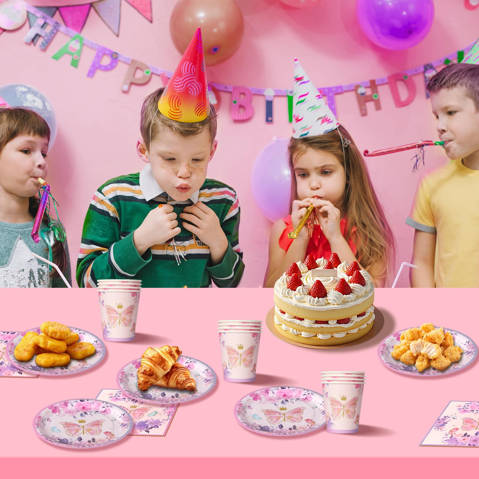 Set 52 pezzi tema farfalle lavanda Piatti, bicchieri e tovaglioli per decorazione compleanno magica con motivi floreali, per 16 ospiti