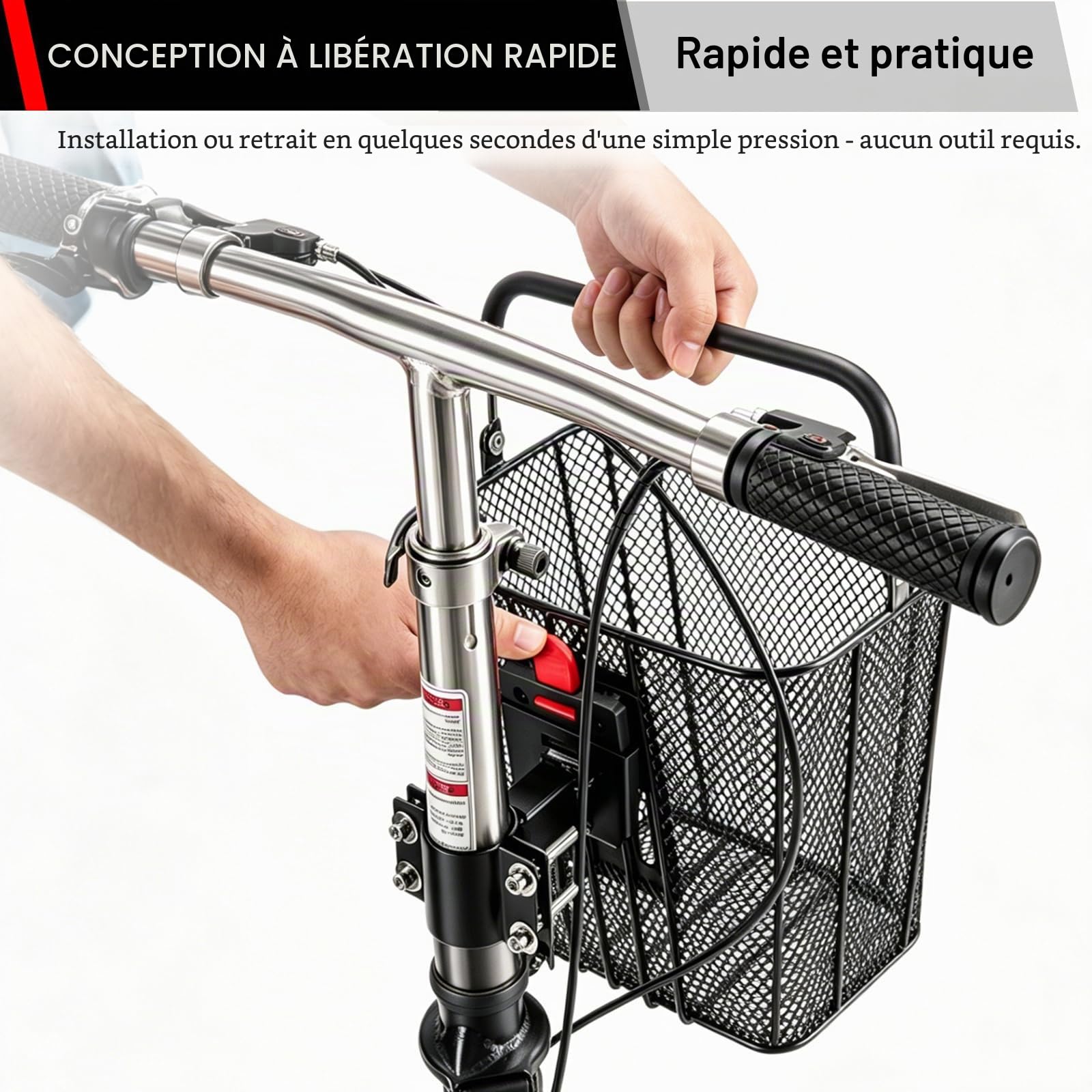 Panier Avant Trottinette Électrique, Panier de Guidon Amovible | avec Fixation Rapide, Compatible Guidon 34–62mm, Charge Max 15kg, Panier Métallique Solide avec Poignée, 22x17x24,5cm