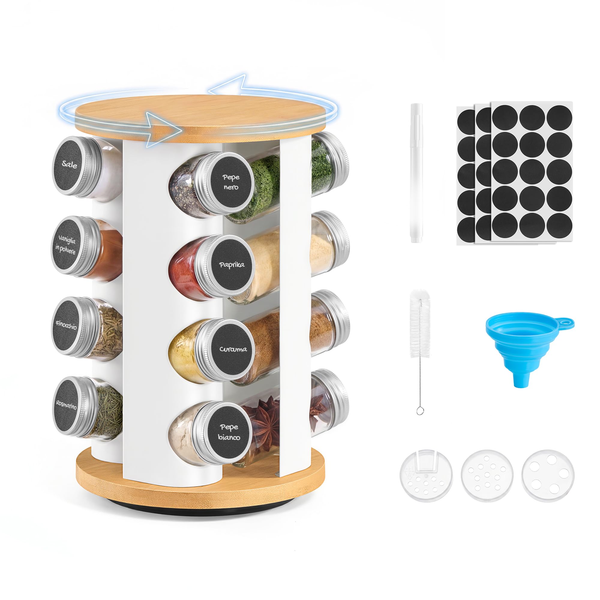 SONGMICS Portaspezie Girevole, con 16 Barattoli in Vetro, Organizer da Cucina, Porta Spezie con Etichette, Imbuto, Pennarello, Spazzola, Bianco Opaco e Bambù Naturale KCS256W101