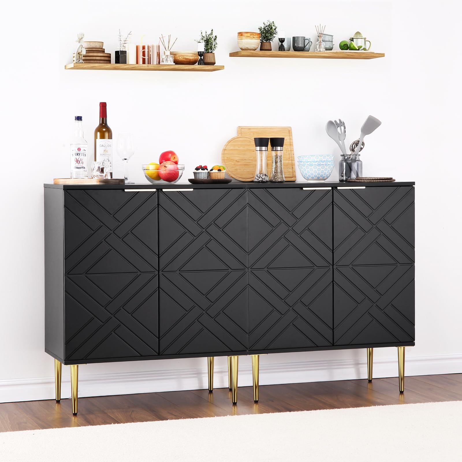 Credenza buffet moderna in legno nero con 2 ante a rilievo, ampio spazio contenitivo, perfetta per sala da pranzo, soggiorno, cucina o ingresso, ideale come mobile per stoviglie o scarpiere,