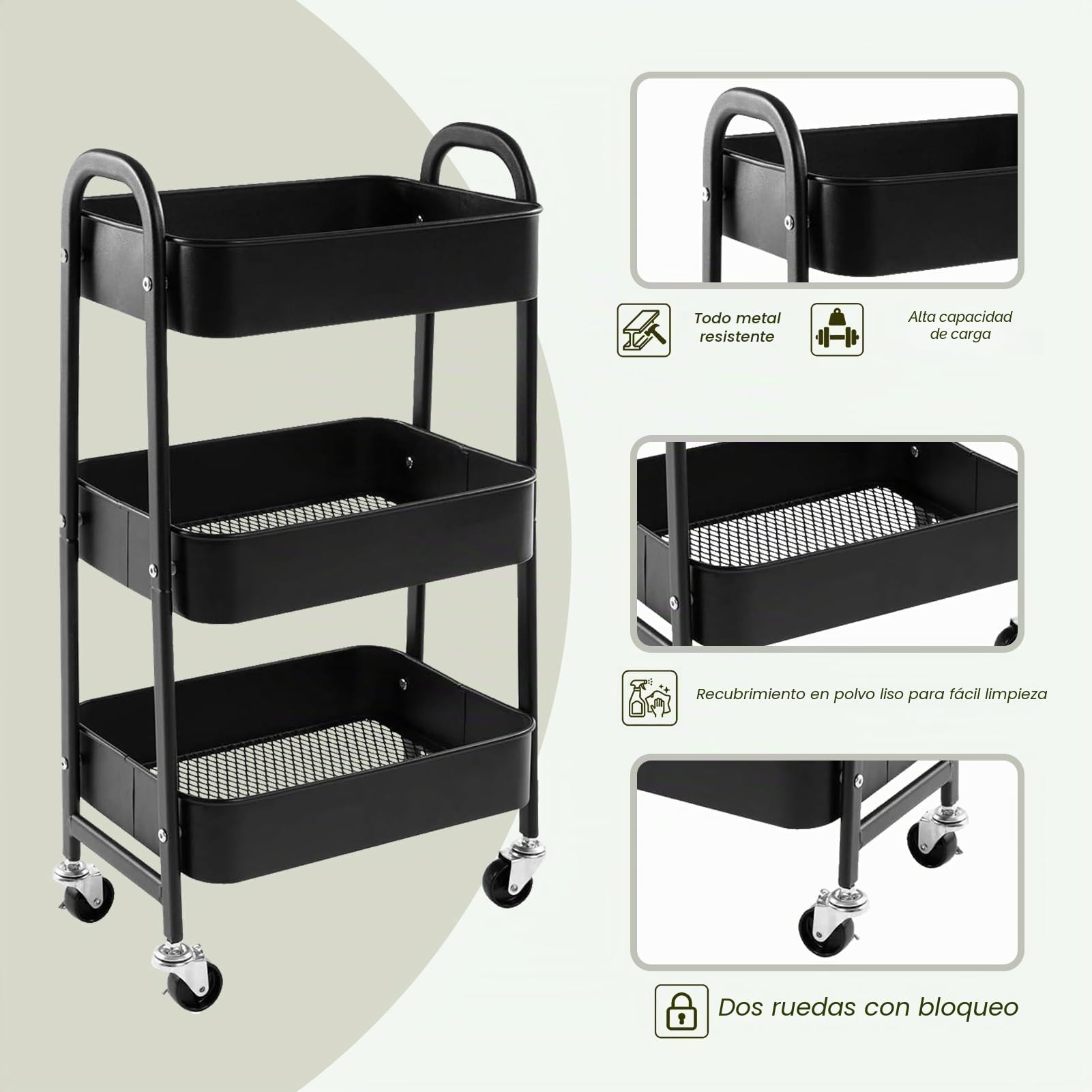 DOEWORKS Carrito Auxiliar con Ruedas Carrito Servicio Metalico Carro de Almacenamiento 3 Niveles Rodante Carro Organizador para Cocina Dormitorio Baño Oficina, Negro