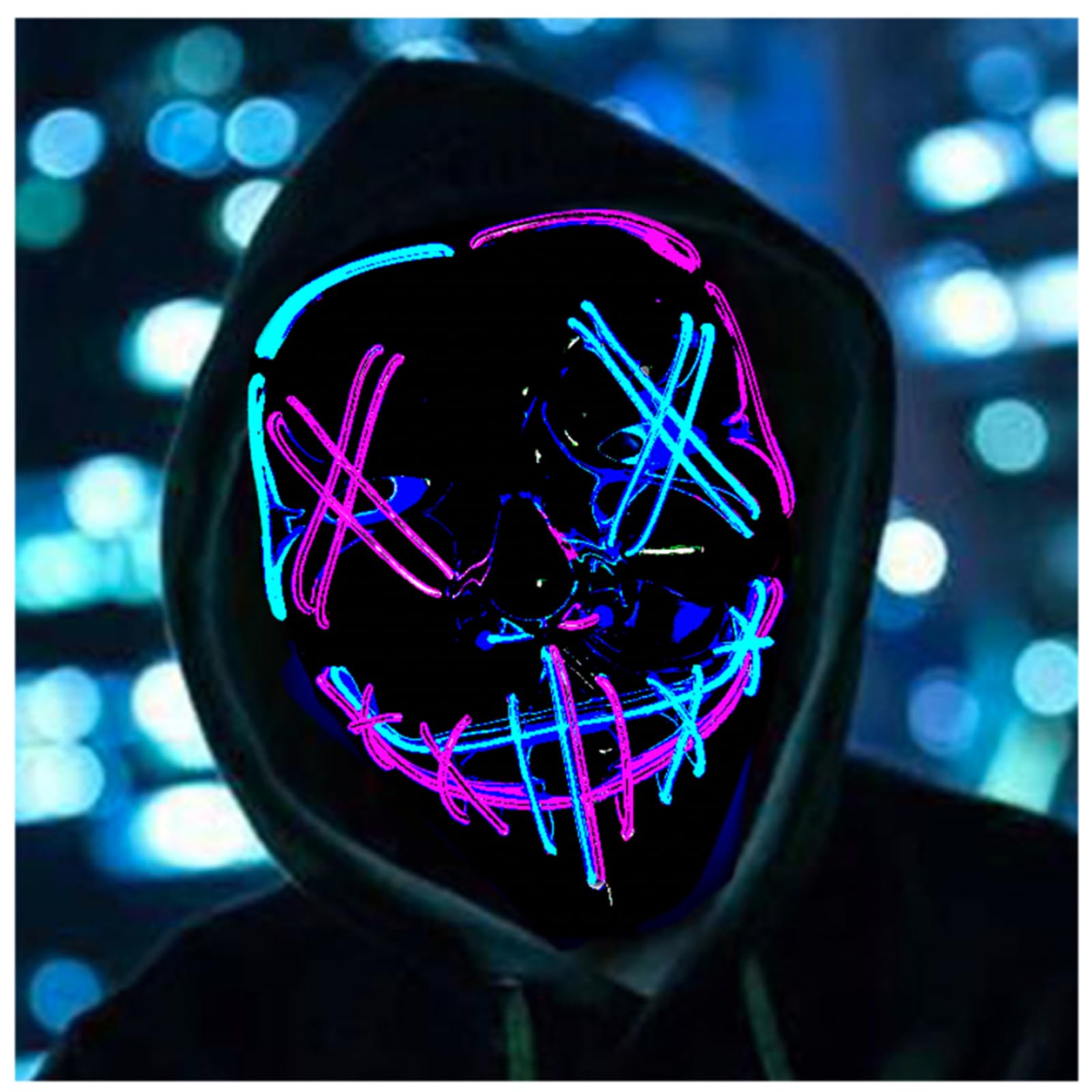 DONGTATA LED Halloween Purge Mask - Light Up Face Mask for Adults - Festival Party, Blue, 20*17*4