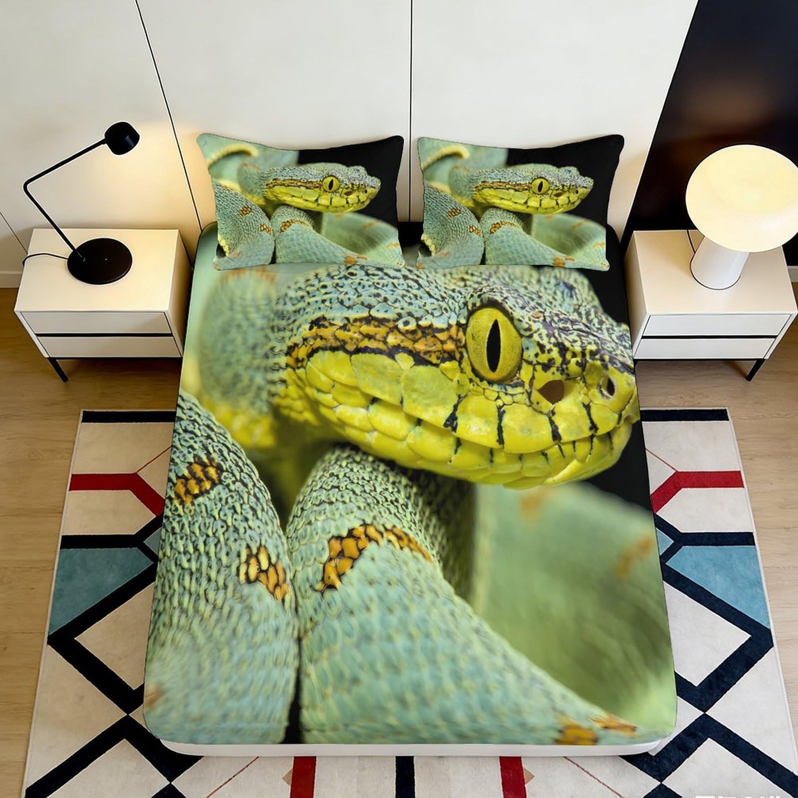 3D Printed Green Snake Fitted Sheet Microfiber Soft Breathable Yellow Reptile Mattress Cover Bedroom Decor 180x200x25cm