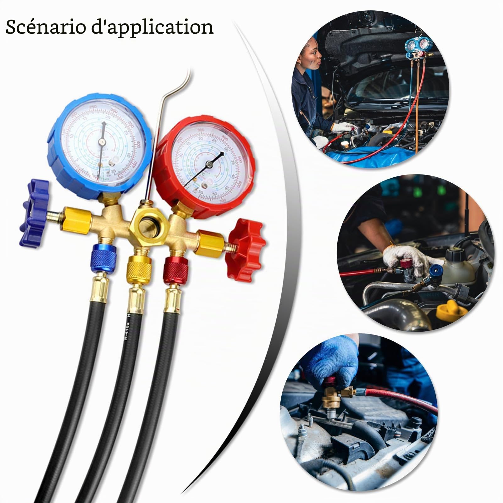 Tuyau de collecteur CVC avec valves et 4 adaptateurs en laiton pour systèmes R134A R410A R22