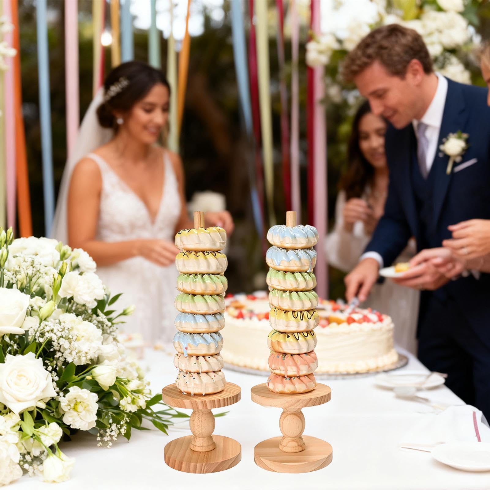 Soporte para Donuts 4 Piezas Decoración Rústica De Madera | Soporte Expositor De Donuts Para Para Postres Bodas Cumpleaños Navidad Shower Mesa De Catering Buffet Hogar Restaurante Casa