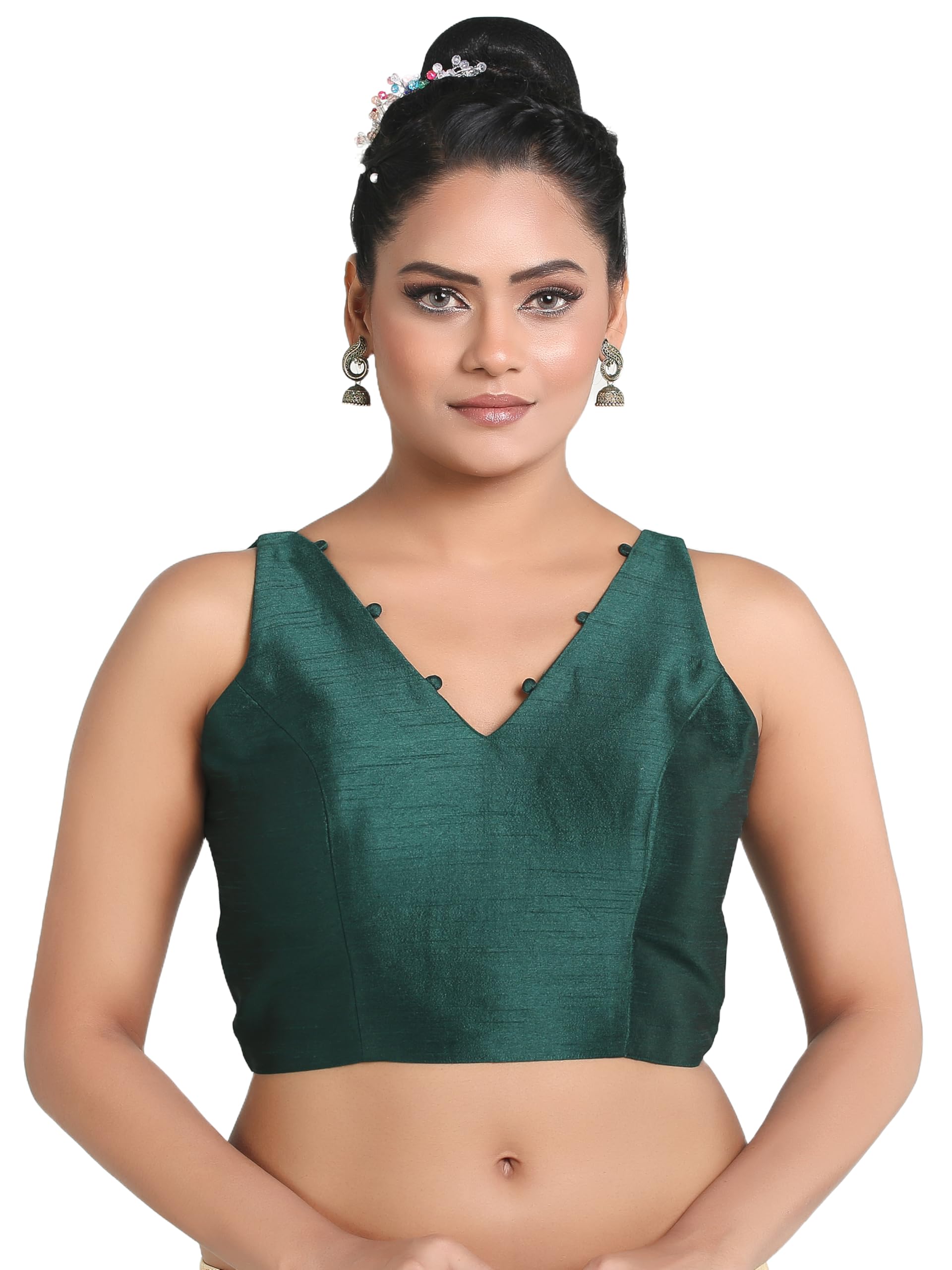 Madhu Fashion Women's Sleeveless Solid Pattern V Neck Readymade Saree Blouse
