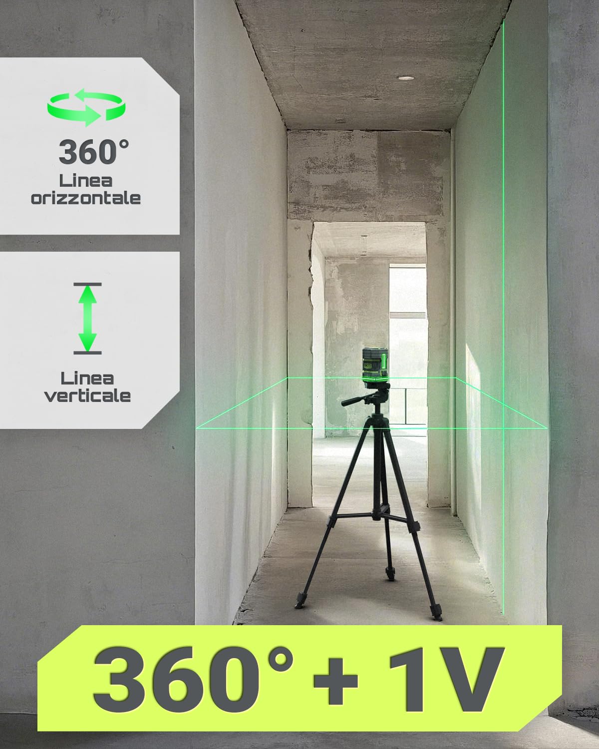 LASGOO Livella laser verde autolivellante, laser orizzontale 360° e linea verticale, 4 livelli di luminosità, modalità impulso, staffa a L, batterie e borsa incluse