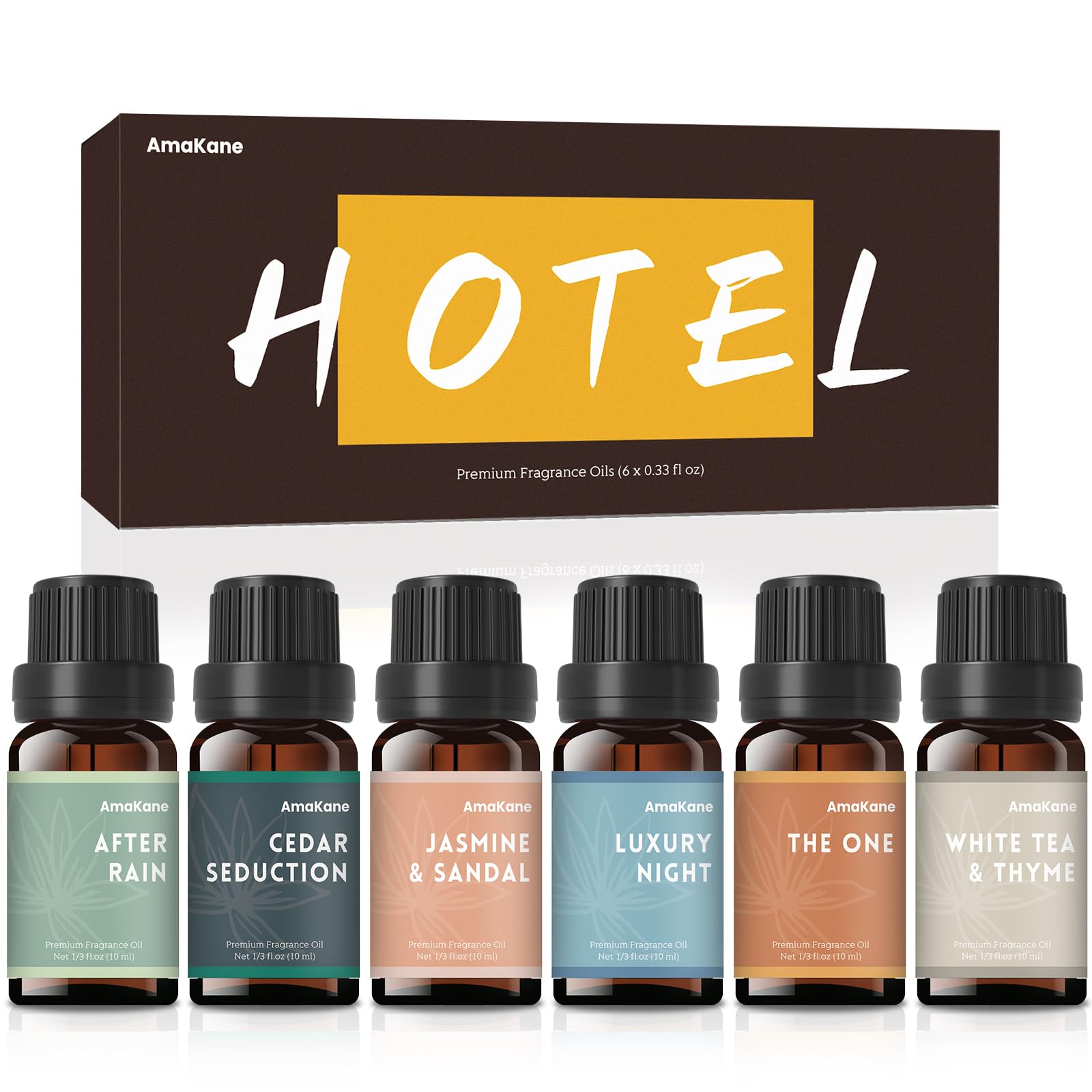 AmaKane Hotel Diffuser Oils, Hotel Scent Essential Oil, Fragrance Oil for Candle Making, Soap Scents for Making Soap, Aromatherapy Oils 6x10ml, Luxury Night, White Tea& Thyme, Jasmine& Sandal, More