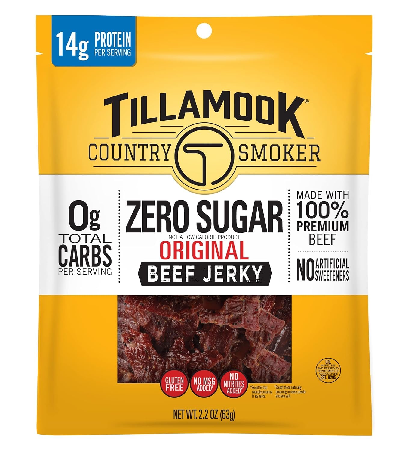 Tillamook Country Smoker Original Beef Jerky, Zero Sugar, 14g Protein per Serving, Gluten Free, 2.2 Ounce (Pack of 12)