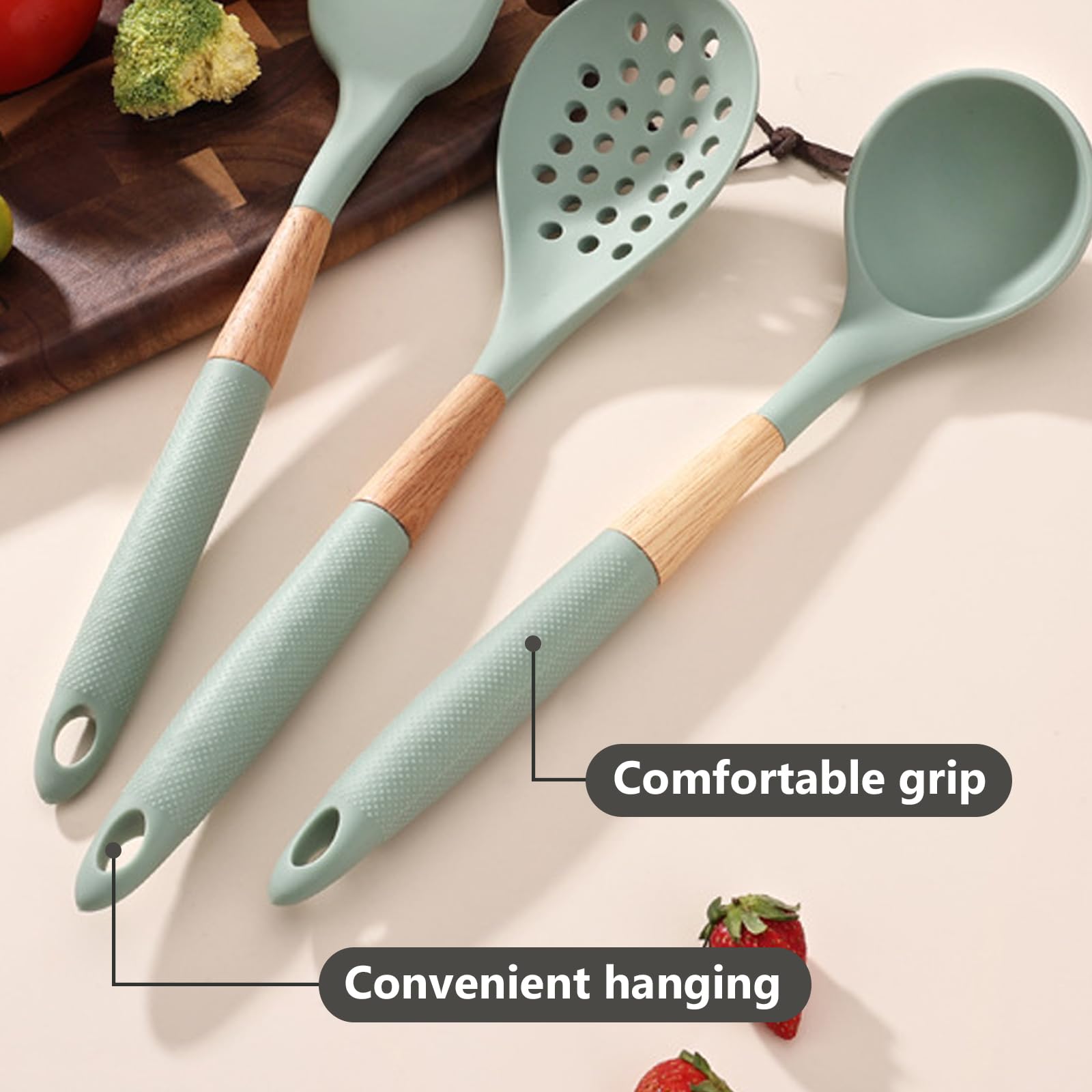 AVEKI Juego de utensilios de cocina de silicona, 7 piezas, con soporte giratorio, resistentes al calor, utensilios de cocina para utensilios de cocina (verde)