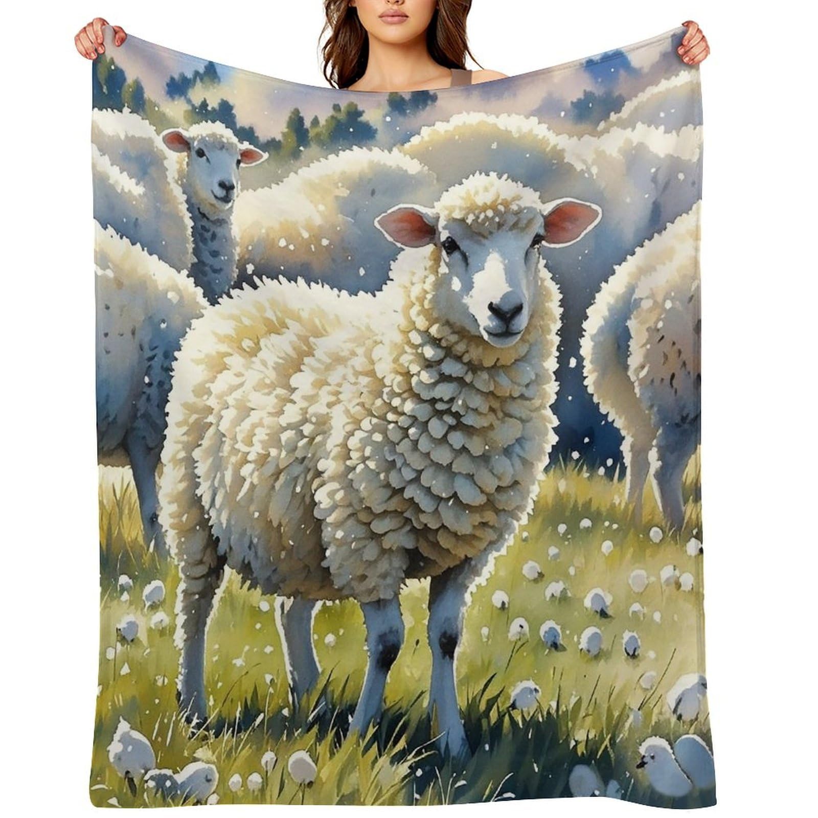 Flannel Sheeps Watercolor Throw Blanket for Couch Super Soft Fuzzy Cozy Flannel Blankets No Shed No Pilling FAnti-Static Winter Bed Blanket Decorative and Giftable Blankets