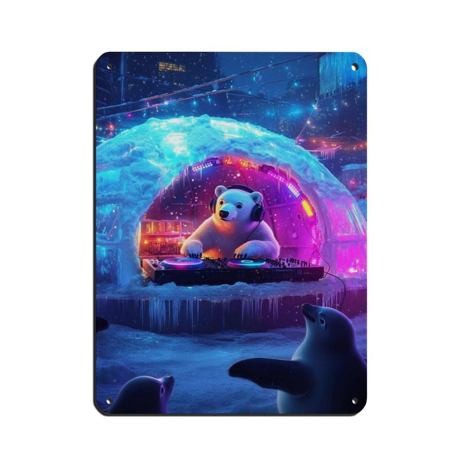 Cool DJ Polar Bear, Fun Animal DJ Poster Retro Poster Metal Tin Sign Chic Art Retro Iron Painting Bar People Cave Cafe Family Garage Poster Wall Decoration 12x16inch(30x40cm)