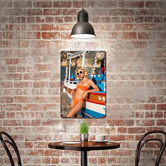 Gorgeous Woman in Stunning Red Bikini on the Beach Pin Up Sexy Girl Hot Bikini Women Vintage Metal Tin Sign Girl Poster For Bathroom Home Car Club Bar Man Cave Retro Art Wall Decor 6 * 8 inch