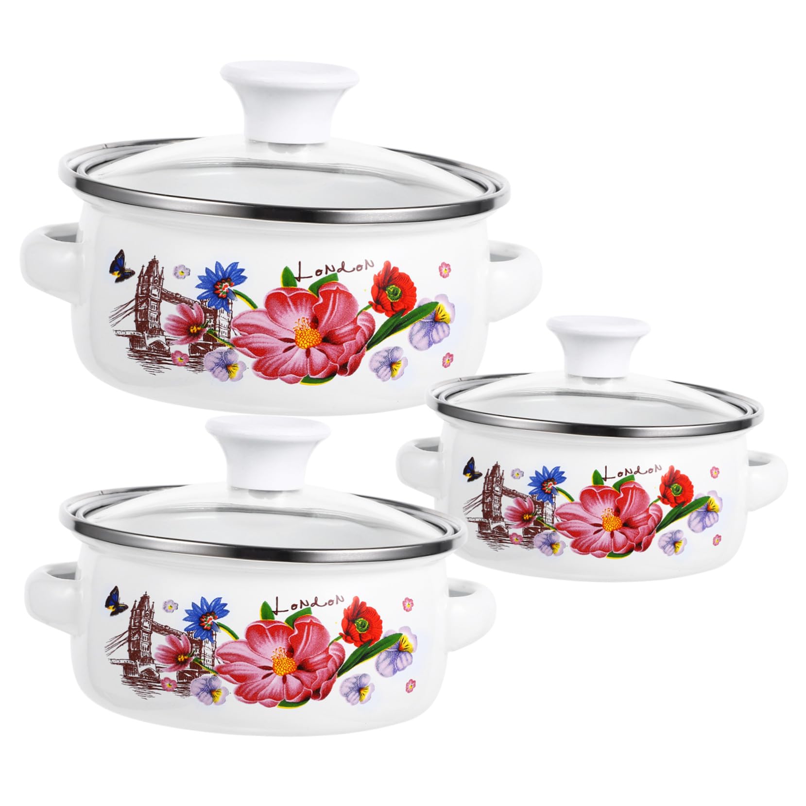 3 Stück Teiliges Emaille Mini Suppentopf mit Flachem Boden Zwei Ergonomischen Griffen Hitzebeständig und Verschleißfest für Milch Suppe Instant Nudeln und Koreanischen Ramen
