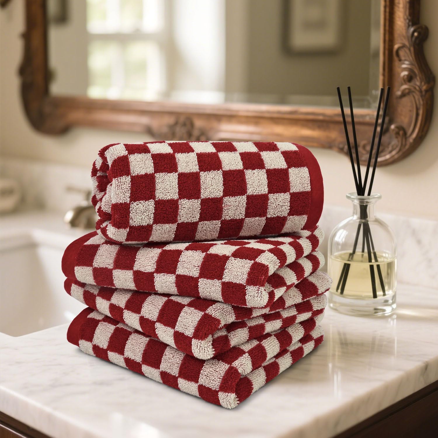 Jacquotha Red Hand Towels for Bathroom Set of 4 - Cute Checkered Hand Towel for Farmhouse Retro Guest Room & Kitchen Decor, Lightweight Cotton, 29” x 13” - Image 4