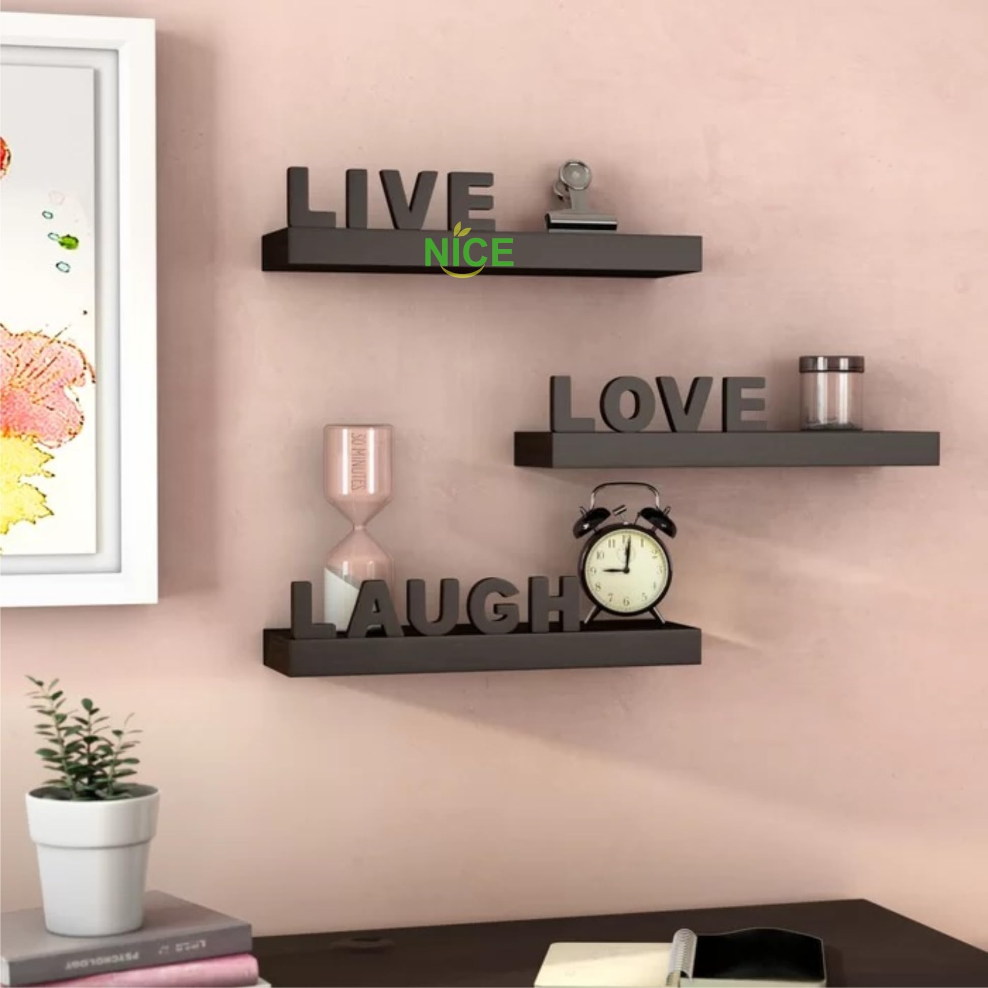 N&C Nice Collection Decorative Inspirational Quotes Wall Décor - “Live”, “Love”, “Laugh” Floating Shelves (Set of 3) -Black