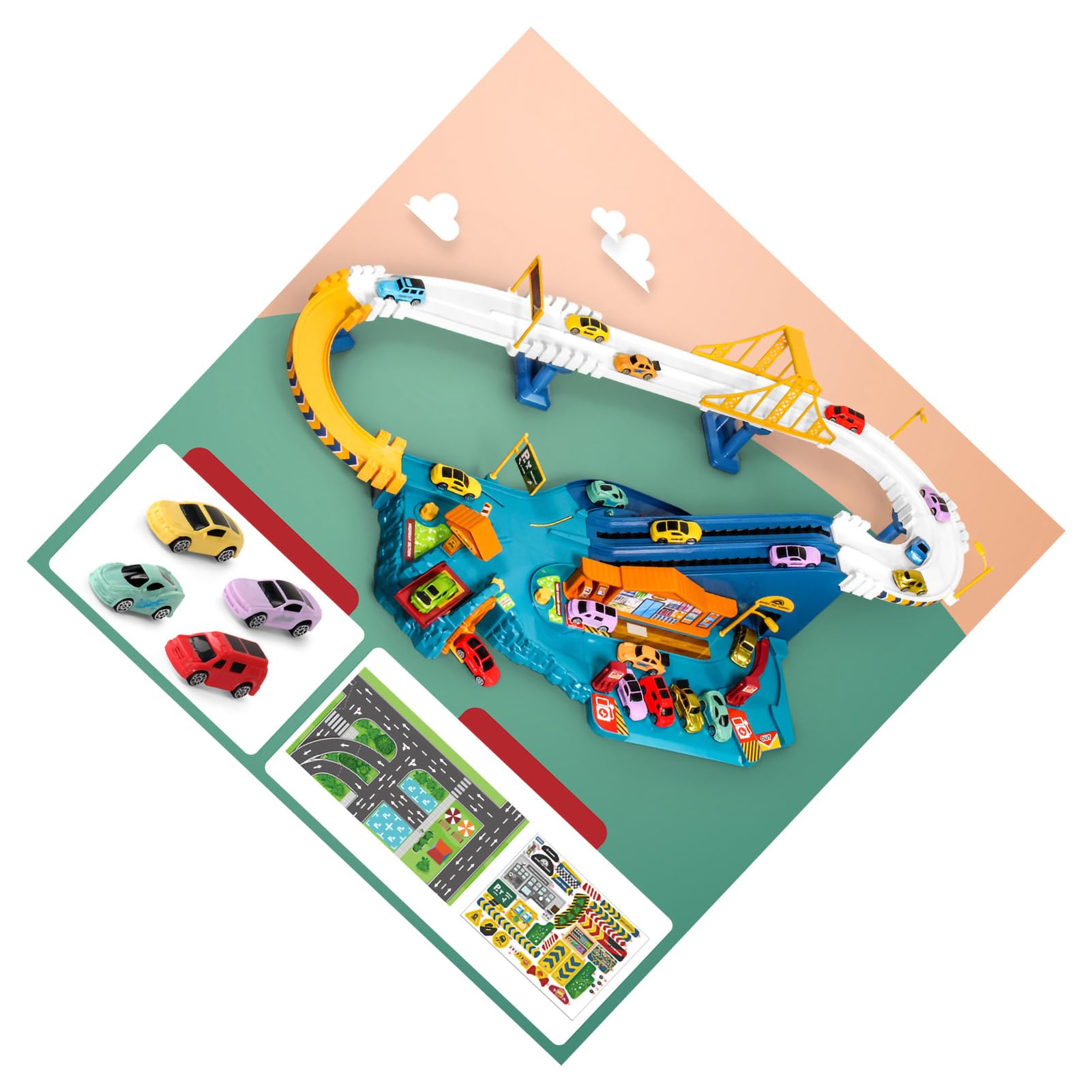 Rieles de Coche de Juguete, Pista de Aventura Flexible para Niños Pequeños, Juego de Vehículos Eléctricos, Regalo (Caja de Color de autopista (estándar para 4)