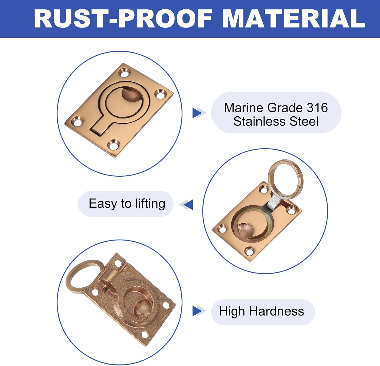 PATIKIL 2-1/2"-1-3/4" Flush Pull Ring Handles, 316 Stainless Steel Square Recessed Door Pull Hidden Boat Hatch Latch with Screws for Marine Yacht Furniture, Red Bronze