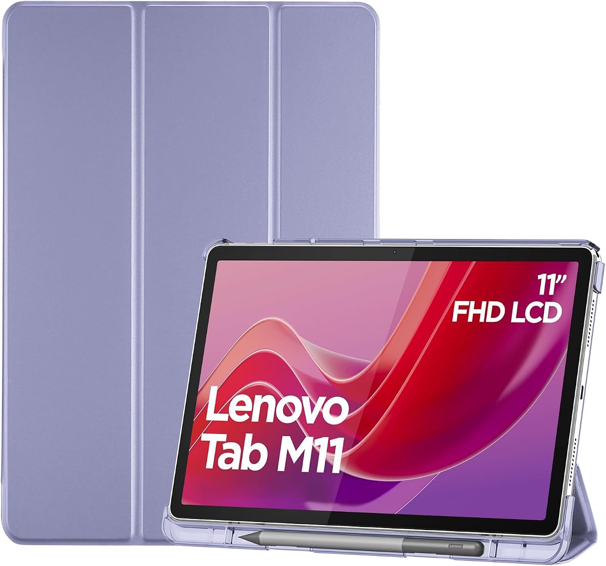 ProCase Smart Case for Lenovo Tab M11/Tab K11 LTE 11" 2024 TB330FU with Pen Holder, Slim Stand Tri-Fold Hard Shell Protective Tablet Cover Translucent Back Case Support Auto Wake/Sleep -Lightpurple