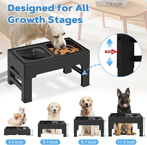 Miniatura 2 de IKUSO Cuencos elevados 2 en 1 para perros de alimentación lenta con 4 alturas ajustables para perros con cuenco de agua antiderrames y alfombrilla