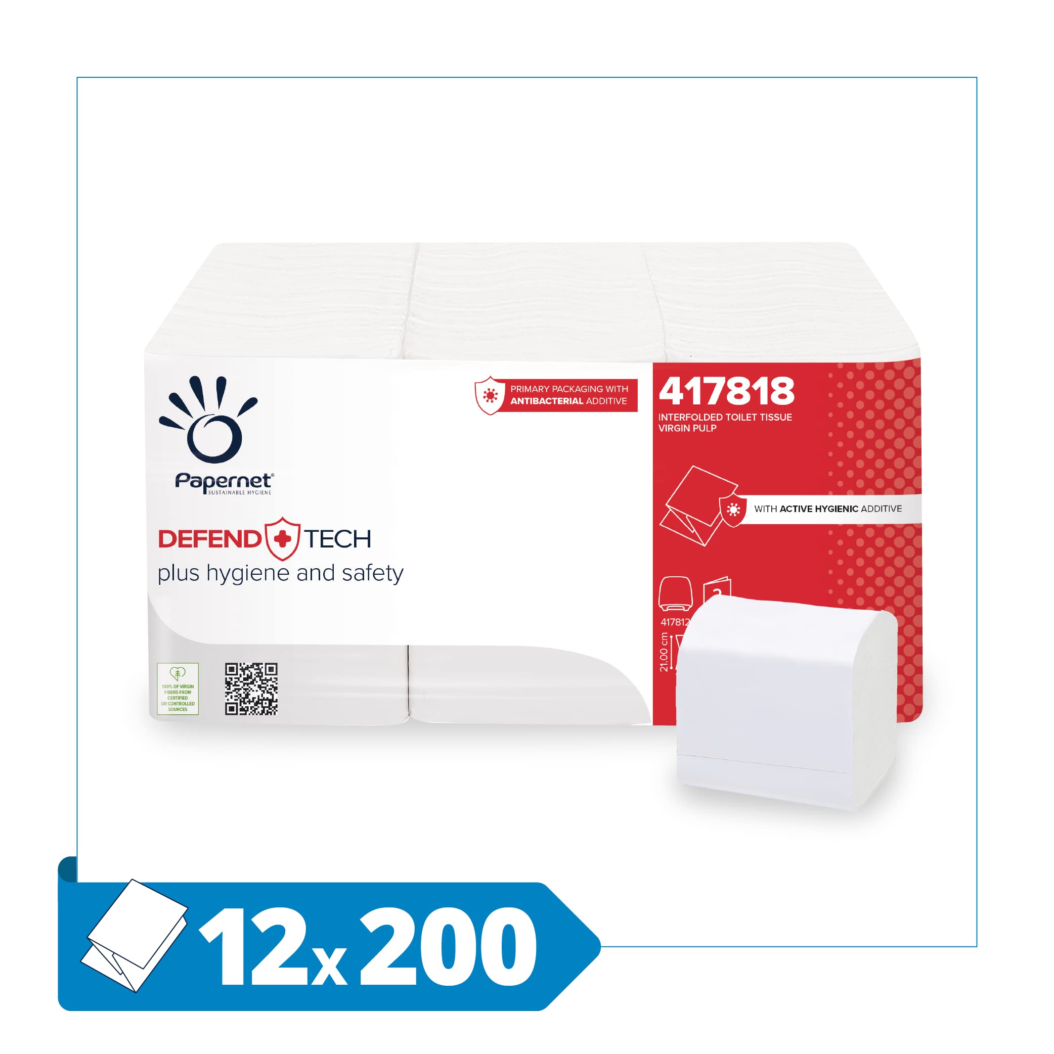PAPERNET Defend Tech Papier Hygiénique Enchevêtré 417818, Papier Hygiénique à Feuille Unique avec Formule Antibactérienne, 12 Paquets de 6 Unités avec 200 Feuilles 21 x 11 cm