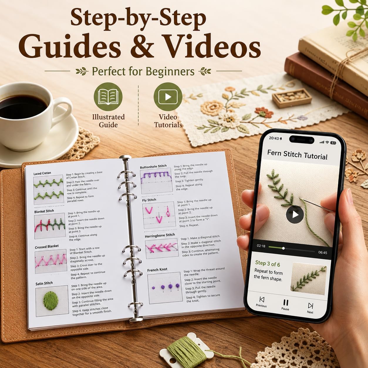 Ogioxam Embroidery Stitch Book Kit for Beginners, Hand Embroidery Kits for Adults, Embroidery Book Kit for Beginners